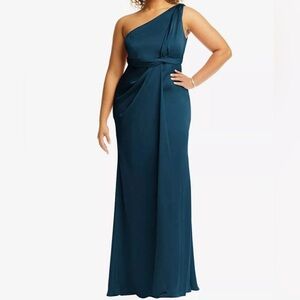 Dessy Collection One-Shoulder Draped Twist Empire Waist Trumpet Gown Sz 16 Blue